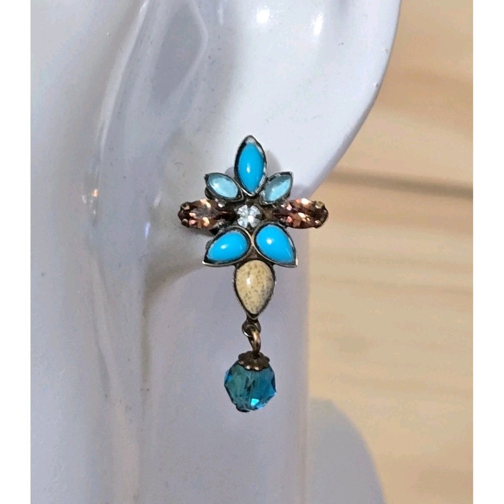 Sorrelli Blue Crystal Enamel Floral Dangle Earrings Bronze Tone Signed 1"